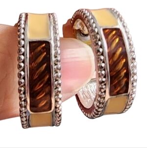 Silvertone and Brown Geometric Hoop Earrings